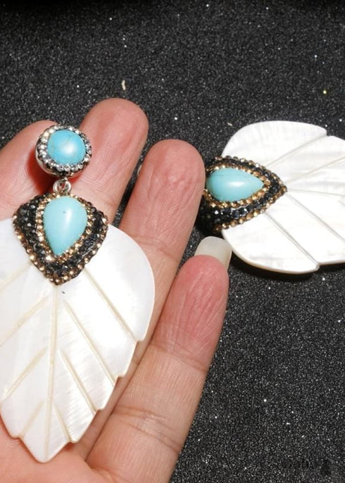 Boho Earrings, Dangle Earrings, Leaf White Shell